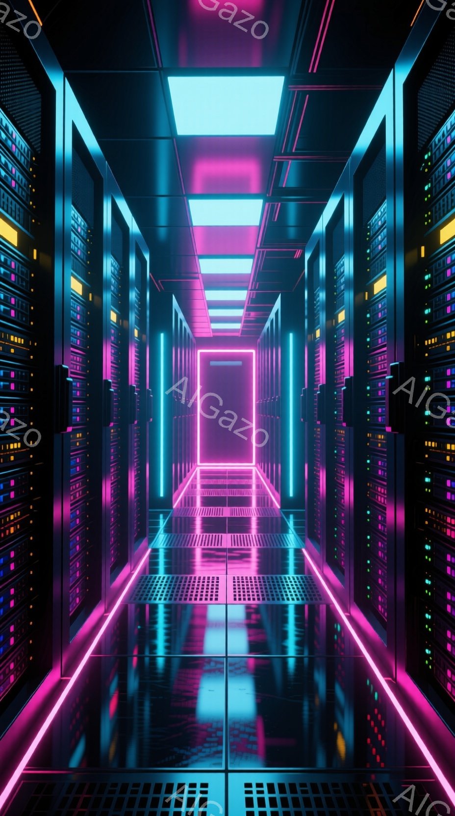 この画像は、ネオンカラーの光が輝くサーバー室の廊下を描いています。左右に整然と並んだサーバーラックが奥行きを強調し、床と天井に走る光のラインが未来的な雰囲気を醸し出しています。鮮やかなピンクと青のコン - AI生成フリー素材
