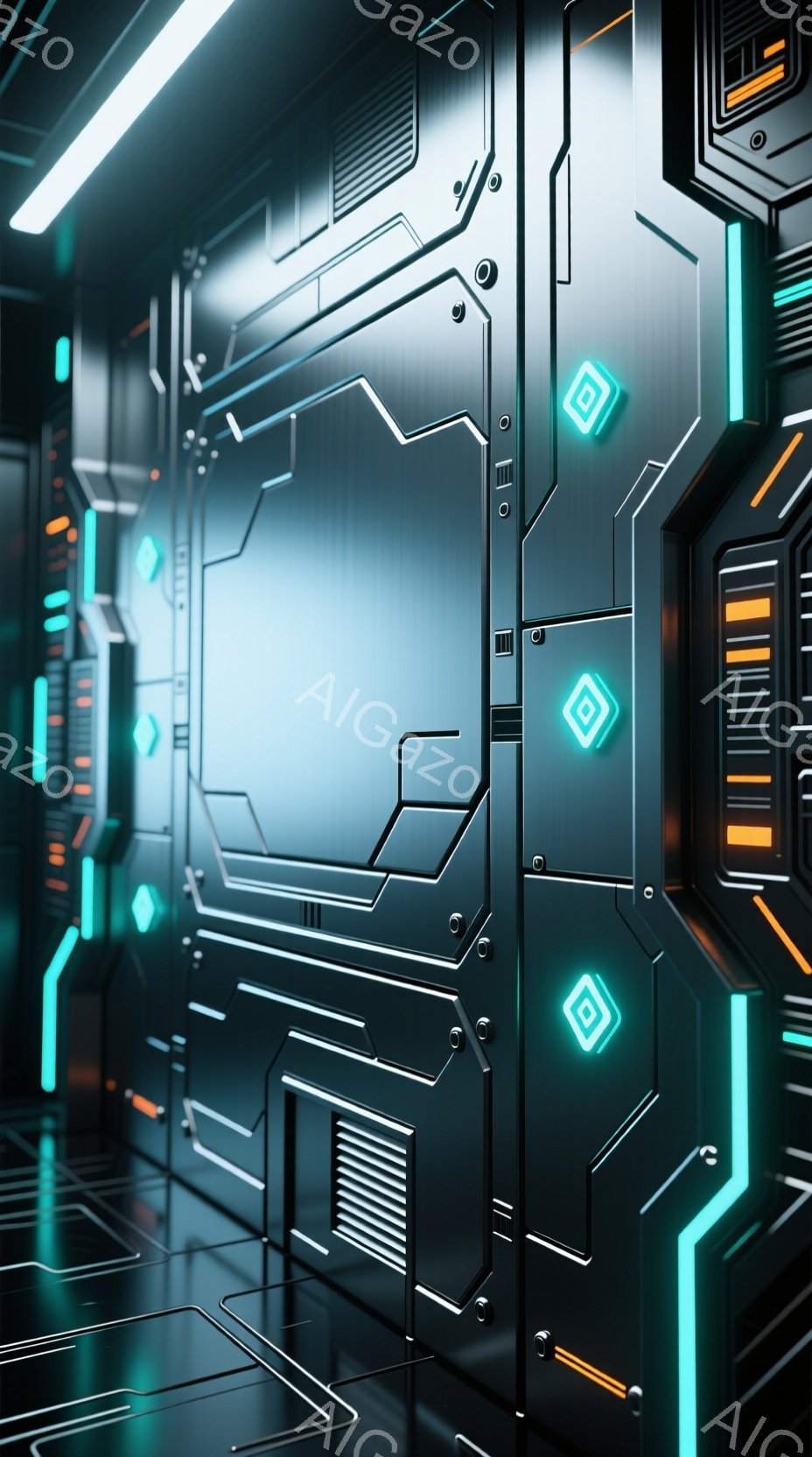 この画像は、未来的な廊下の内部を描写しています。壁面は暗いグレーを基調とし、明るい青やオレンジ色の発光する線と幾何学模様で装飾されています。全体的に無機質で冷たい印象を与え、まるで宇宙船や研究所の内部のようです。