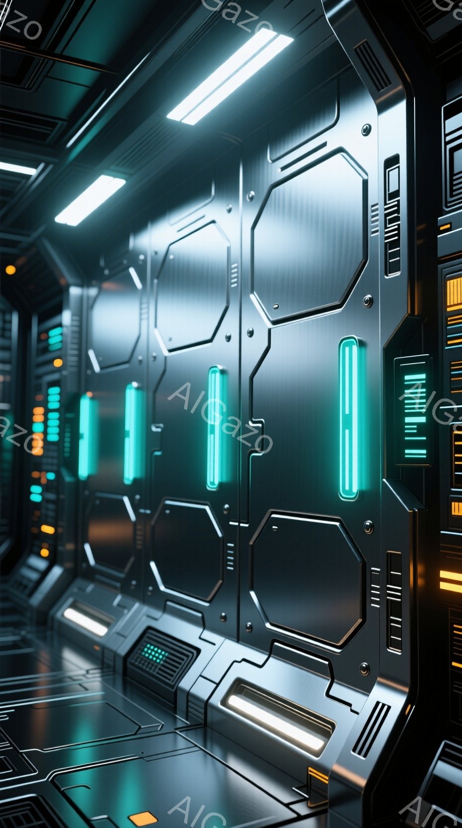 この画像は、未来的な宇宙船または施設の廊下の内部を示しています。壁は黒とグレーの金属製で、鮮やかな青い光のパネルと黄色い警告灯が点在し、複雑な技術的なデザインが施されています。廊下は狭く、暗いですが、 - AI生成フリー素材