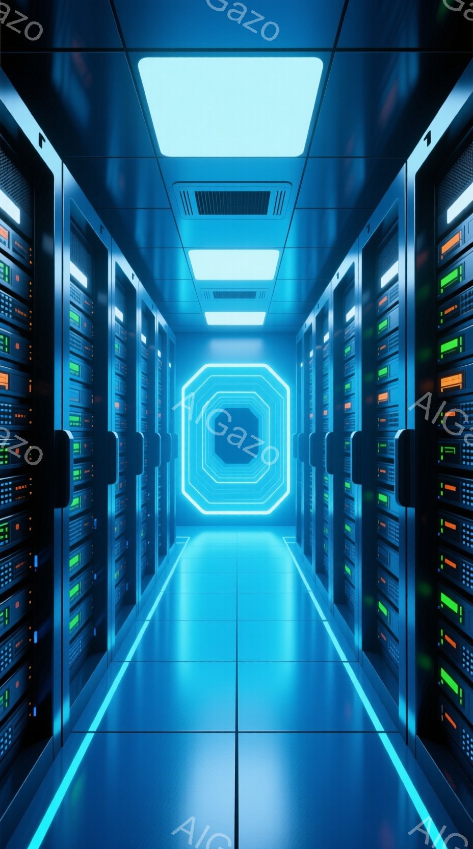 長い廊下には、両側に緑色のライトが点灯したサーバーラックが整然と並んでいます。廊下の奥には、青色の発光する八角形の光が視線を誘導し、未来的な雰囲気を醸し出しています。床は光沢のある青色タイルで覆われ、天井には均等な間隔で白い照明が設置されています。