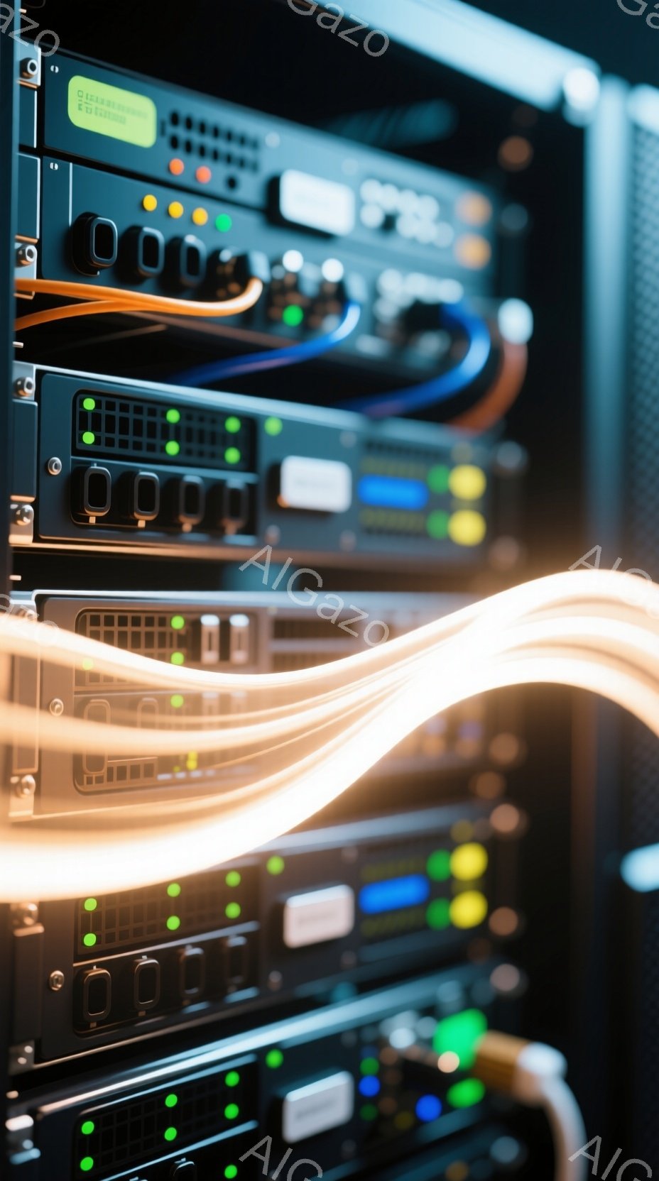 サーバー機器が縦に並んでおり、様々な色のインジケーターランプが点灯しています。オレンジ色の光の線が機器の前面を斜めに横切り、動きとエネルギーを感じさせます。全体的に、データセンターやネットワーク機器室といった技術的な環境を連想させる構図です。
