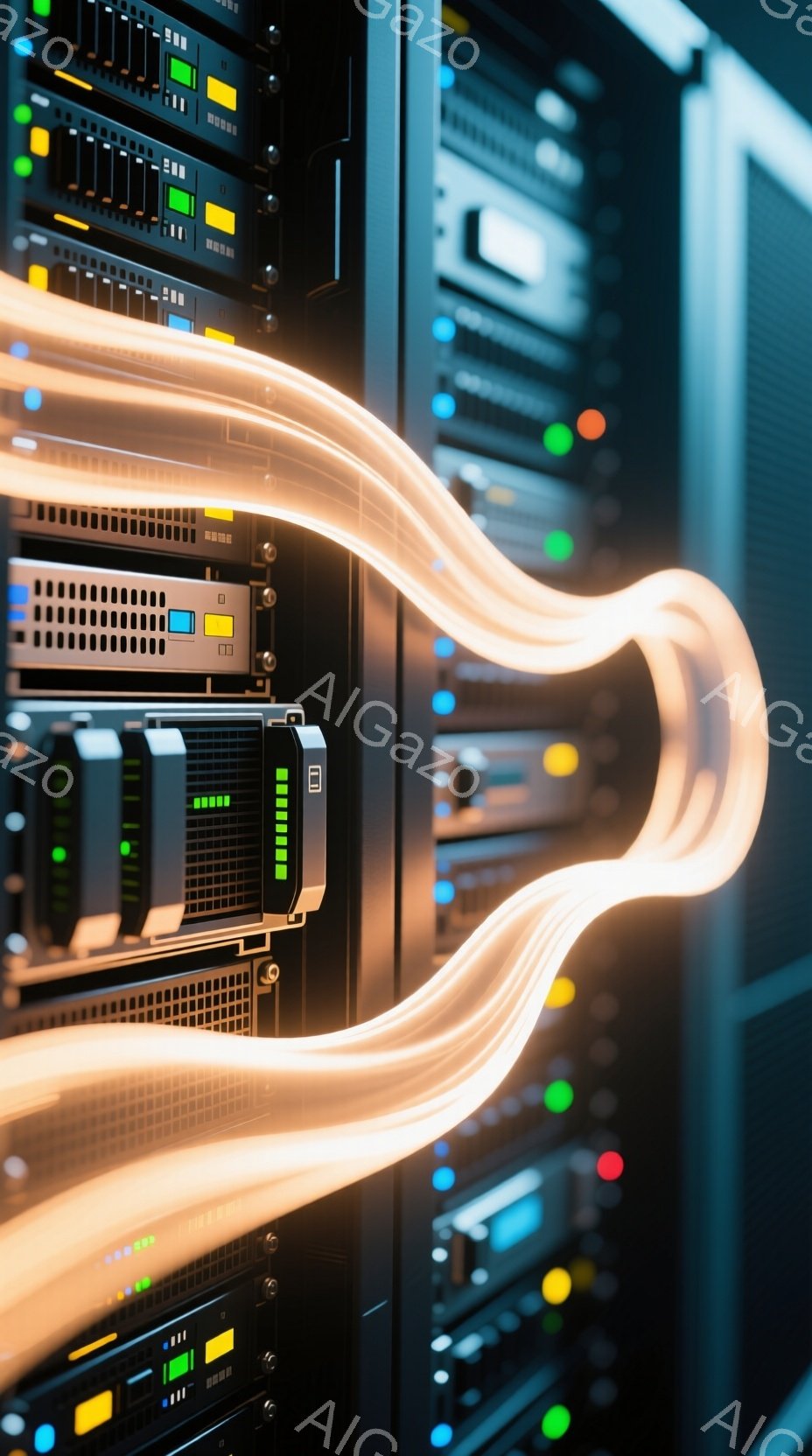 画像はサーバーラックの密集した列を示しており、各ラックには様々な色のライトが点滅しています。オレンジ色の光の帯がラックの間を駆け抜け、高速データ伝送や接続を暗示しています。全体的な雰囲気は、技術的で未来的なデータセンターの内部を捉えたもので、ネットワークインフラストラクチャの活動的な様子を示しています。