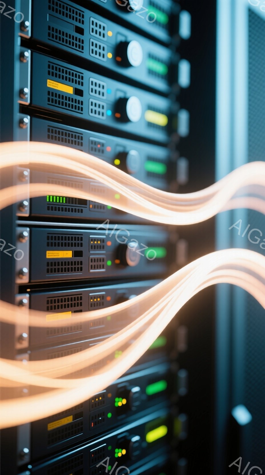 サーバーラックが縦に並び、各サーバーには緑、オレンジ、黄色などの小さなランプが点灯しています。ラックの前面を、光の軌跡のようなオレンジ色の線が力強く駆け抜けており、高速データ転送や処理を行っているような印象を与えます。全体的に暗い背景と光のコントラストが、技術的で未来的、そしてダイナミックな雰囲気を醸し出しています。