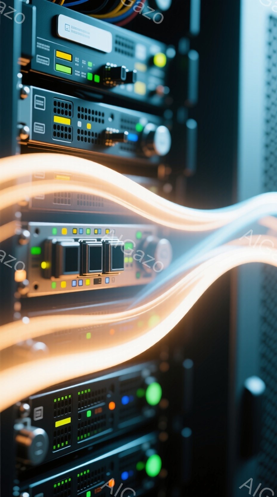 画像はサーバーラックの一部を捉えており、黒色の機器が積み重ねられています。機器には様々な色のランプが点灯しており、データの流れを示すようなオレンジ色の光線が前面を横切っています。全体的に、データセンターやネットワークインフラストラクチャを連想させる、技術的で近未来的な雰囲気です。