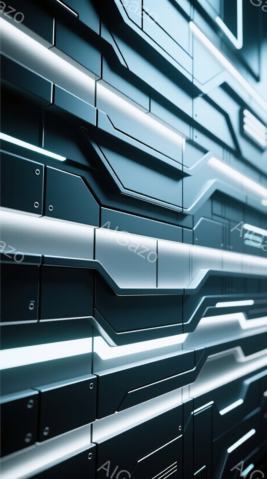 この画像は、未来的な構造のクローズアップで、暗いグレーと黒のパネルが複雑なパターンで配置されています。明るい青色の発光線がパネルの溝を走り、メカニカルで未来的な雰囲気を強調しています。全体的に、サイバ - AI生成フリー素材