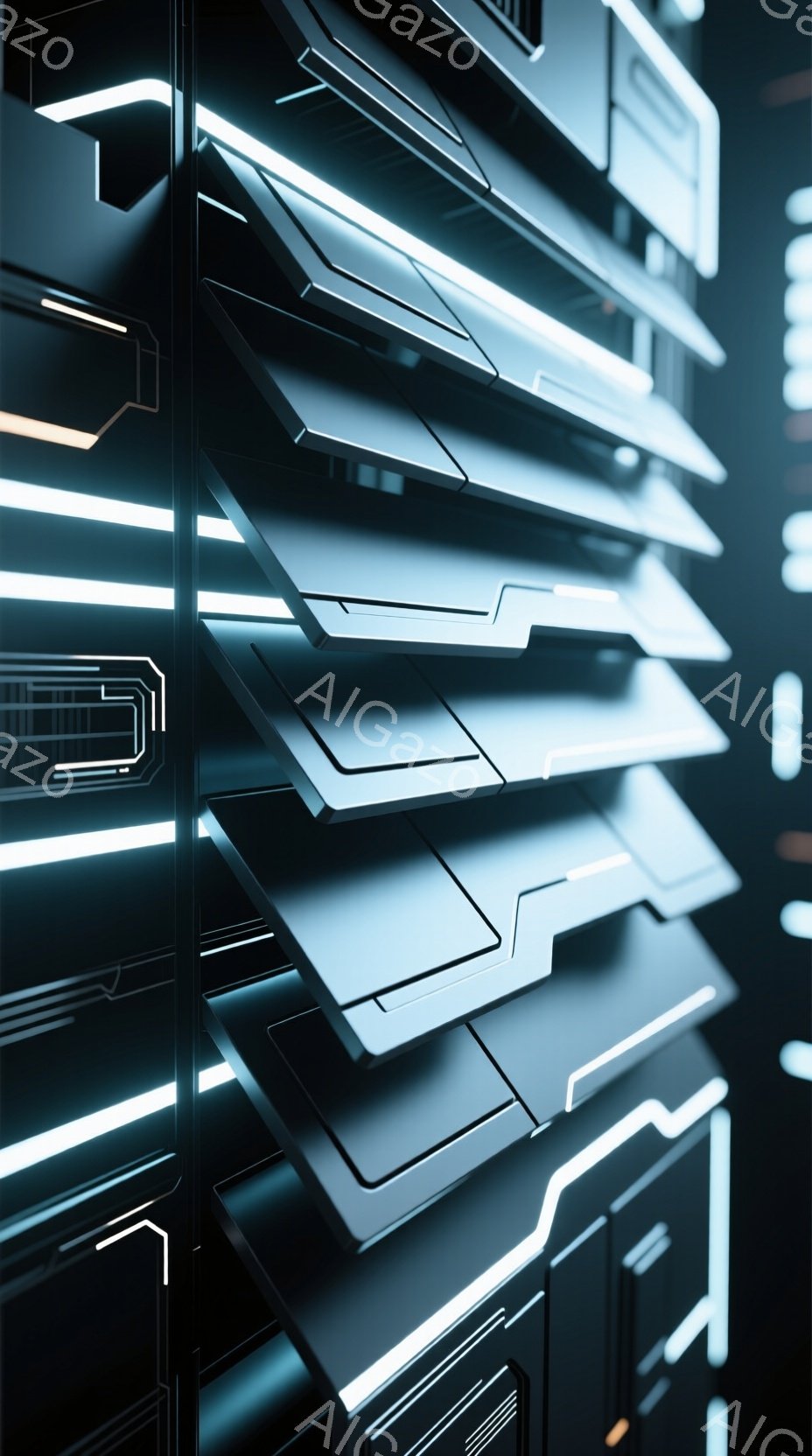 この画像は、未来的な装甲やメカニカルな構造の一部を強調したクローズアップです。暗い背景に沿って、明るいネオンブルーのラインが複雑に組み合わさり、未来的なデザインのパネルやプレートが積み重なっています。全体的に、冷たく、ハイテクで、サイバーパンク的な雰囲気を醸し出しています。