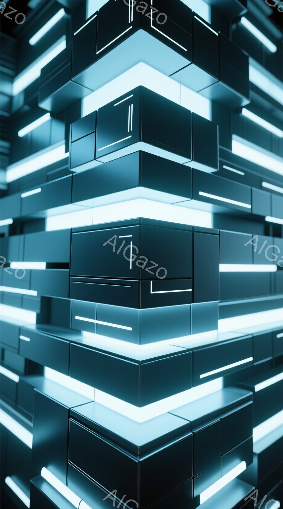 この画像は、未来的な構造物の一部を捉えたもので、光るブロックが複雑に積み重なって構成されています。ブロックは黒と明るい水色の光で彩られ、幾何学的なパターンを作り出し、SF映画のセットのような雰囲気です。全体的に冷たく、テクノロジーとミニマリズムが融合した印象を与えます。