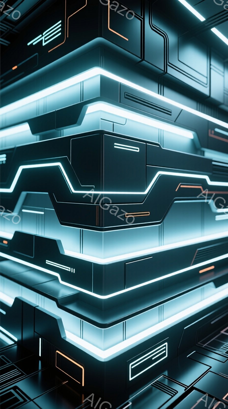 この画像は、未来的な構造物の詳細なクローズアップであり、暗い背景に鮮やかなネオンブルーとオレンジのラインが光っています。幾何学的なデザインとシャープなエッジが、未来都市やサイバー空間を連想させ、クールでテクノロジーに満ちた雰囲気を醸し出しています。全体的に、緻密で洗練された構造が特徴的で、SF映画のセットやゲームの世界観を彷彿とさせます。