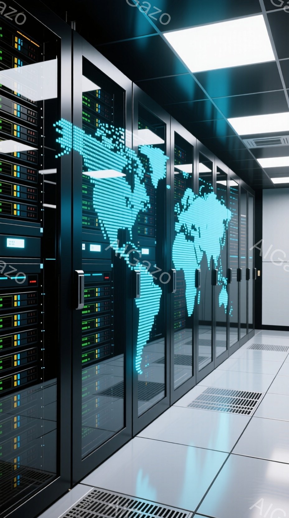 サーバーラックが整然と並んだデータセンター内部の様子が写っている。ラックの扉には、デジタル化された世界地図が青色で表示されており、技術的な進歩とグローバルな接続性を象徴している。明るい照明と白い床が清潔感と未来的な雰囲気を醸し出している。