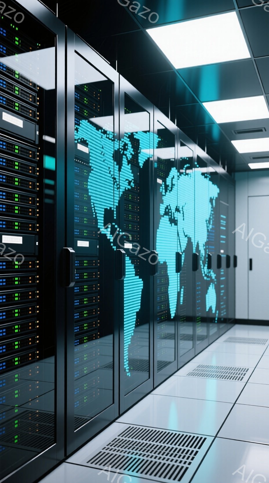 画像は、サーバーラックが整然と並んだデータセンター内部を示しています。各ラックには、様々な色のライトが点灯したサーバーが密集しており、最前列のラックには世界地図がデジタル表示されています。床は白く光沢があり、全体的に冷たく、技術的な雰囲気が漂っています。