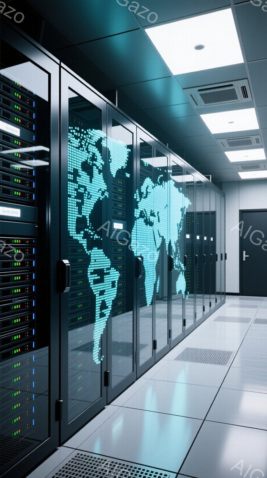 この画像は、整然と並んだサーバーラックが続くデータセンターの廊下を描写しています。各ラックには様々な色のライトが点灯し、最前列のラックには世界の地図がデジタル表示されています。床や天井は白く、全体的に - AI生成フリー素材