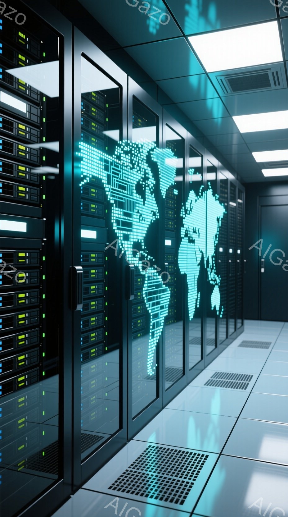 この画像は、サーバーラックが並んだデータセンター内部を捉えています。各ラックには青色のLEDライトが点灯しており、世界地図の形をした光の模様が壁一面に投影されています。床は光沢のあるグレーで、未来的な雰囲気のテクノロジー空間を表現しています。