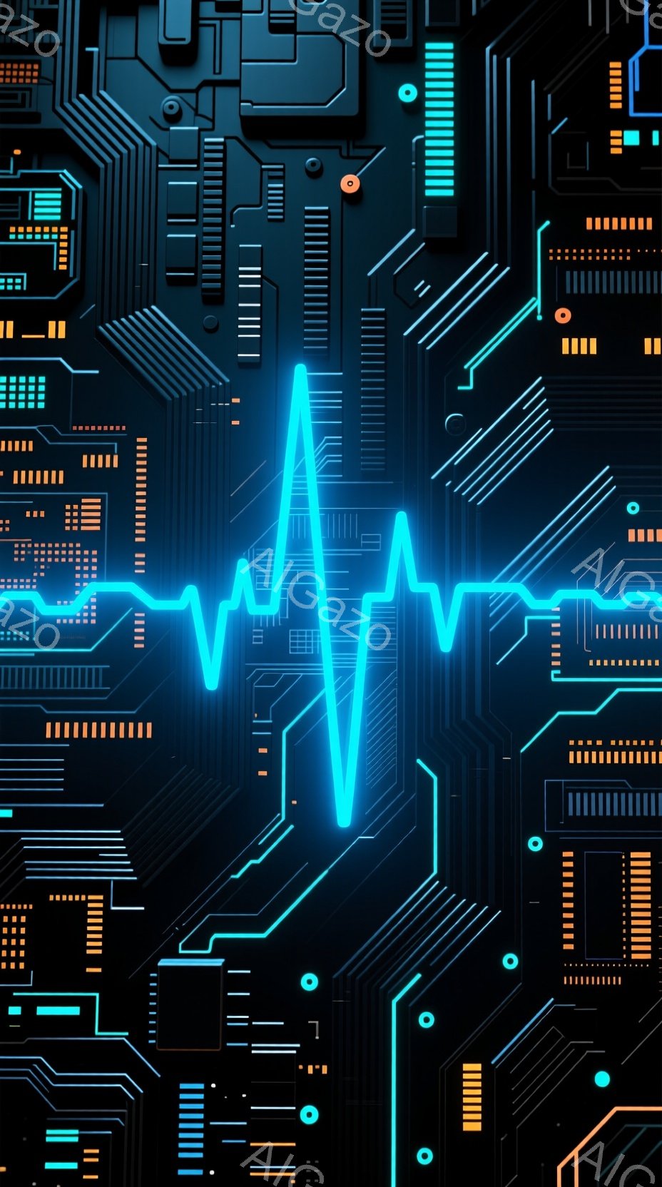 この画像は、青い発光する回路パターンが複雑に絡み合った背景の上に、心電図のような波形が描かれています。回路は、小さな正方形や線で構成され、高密度な電子基板を思わせます。全体的に未来的な技術や生命の鼓動を連想させる、クールで鮮やかな雰囲気です。
