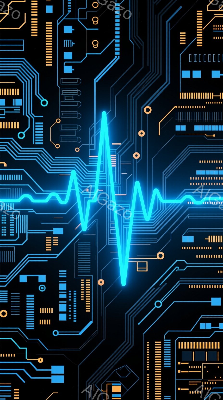 この画像は、青色の回路基板のような背景に、心電図の波形が描かれたデザインです。細い線と四角形のパターンが複雑に絡み合い、現代的でテクノロジーを感じさせる雰囲気を作り出しています。全体的に暗い背景に光る - AI生成フリー素材