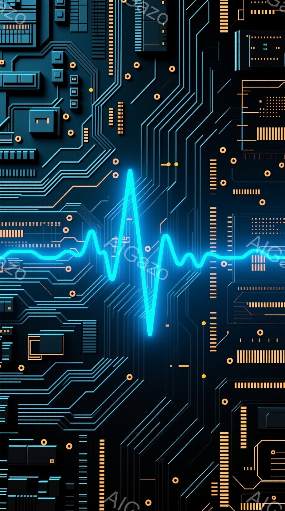 この画像は、複雑な電子回路を背景にした、青い光る波形が特徴です。回路は黒と青の線で構成され、細かいパターンと様々な電子部品で埋め尽くされています。全体的に未来的な、テクノロジーを感じさせる雰囲気です。