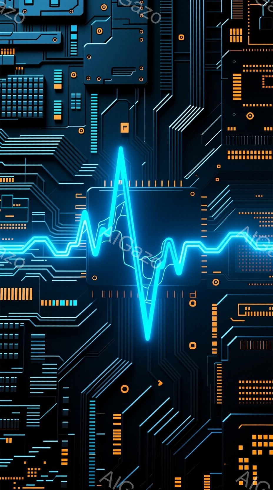 この画像は、暗い背景に青色の電子回路と心電図のような波形が描かれています。回路は細かい線と四角形で構成され、複雑なネットワークを形成しており、全体的に未来的なテクノロジーの雰囲気を醸し出しています。波形は中央を縦に走り、強いエネルギーを感じさせるデザインです。