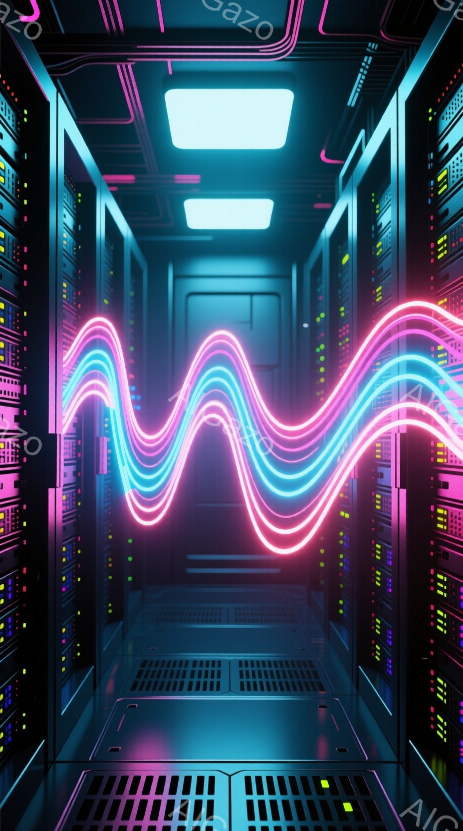 この画像は、データセンター内部の様子を描写しており、左右に整然と並んだサーバーラックが特徴的です。ラックには多数の光るインジケーターがあり、青、ピンク、緑などの鮮やかな色彩が強調されています。中央には、ネオンのような光の線がうねるように伸びており、未来的な雰囲気を醸し出しています。