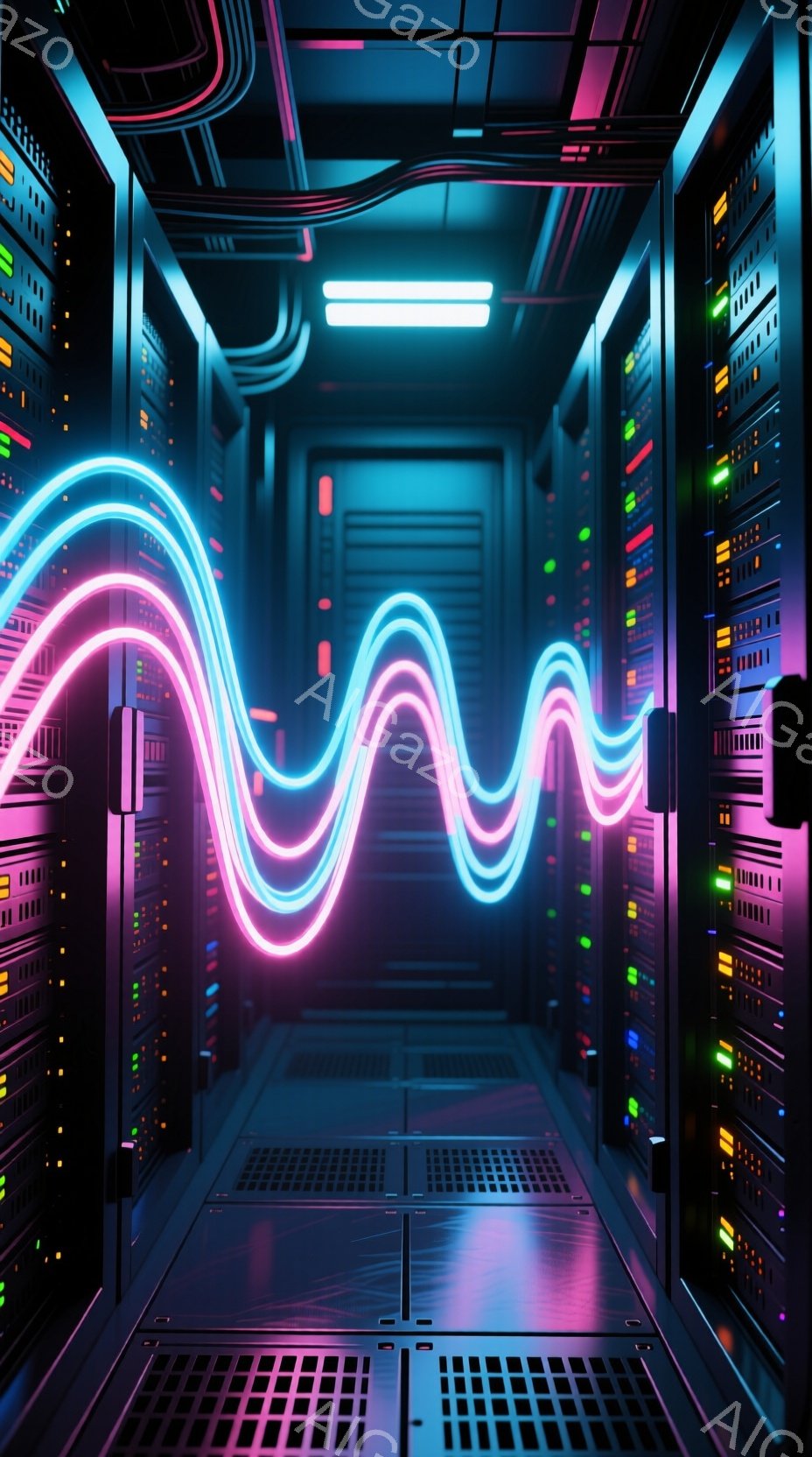 この画像は、データセンターまたはサーバー室を捉えたもので、無数のサーバーラックが整然と並んでいる様子が描かれています。明るいネオンピンクと青色の光の帯が、ラックの間を蛇行し、未来的な雰囲気を強調してい - AI生成フリー素材