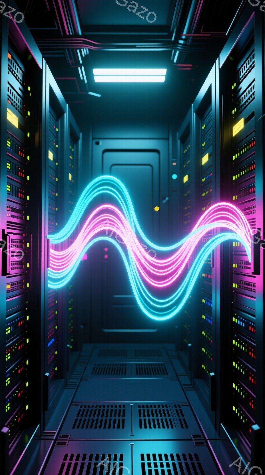この画像は、サーバーラックが整然と並んだデータセンター内部を捉えています。ラックは青や赤の光で彩られ、床面にはケーブルが走る配管が確認できます。明るいネオンピンクと水色の波状の光が、ラックの間を中央を - AI生成フリー素材