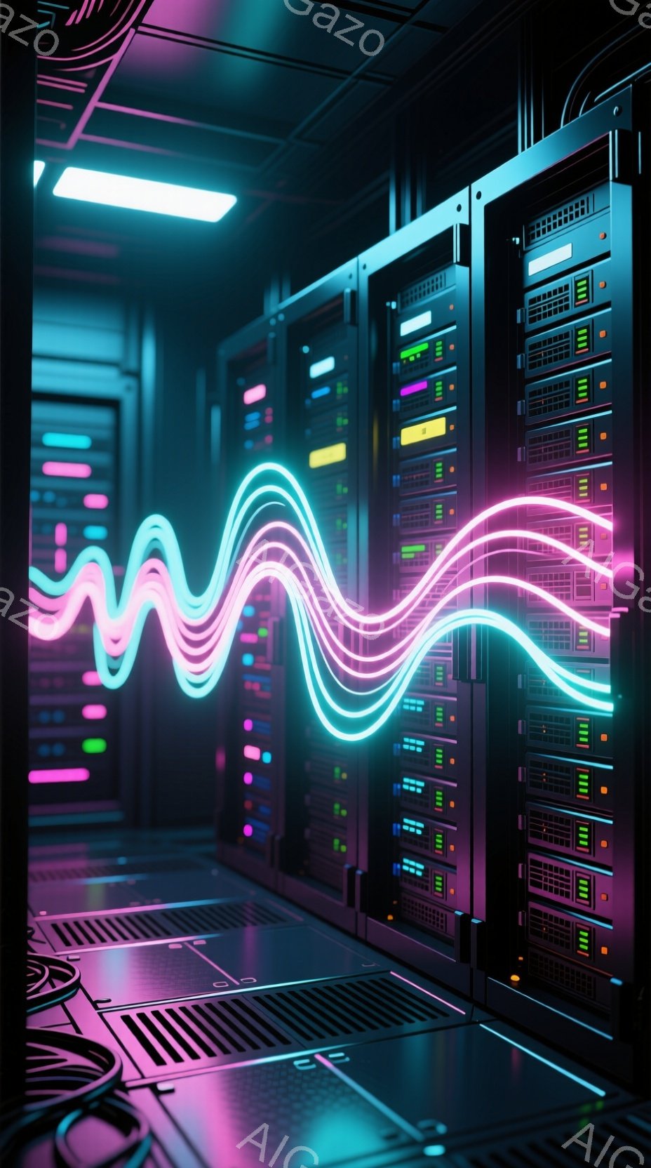この画像は、サーバーラックが並んだデータセンター内部を捉えています。青と紫のネオンライトがラックの隙間から漏れ出し、未来的な雰囲気を醸し出しています。床にはケーブルが散らばり、全体的にクールでテクノロジー感あふれる空間が表現されています。