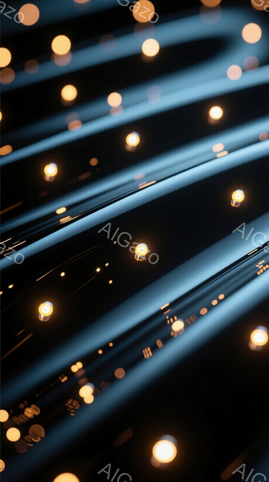 暗闇の中に、ぼやけた黄色の光の線が幾重にも重なり、未来的な印象を与える抽象的な画像である。光の線は斜めに走り、速度感と奥行きを強調している。全体的に、幻想的で神秘的な雰囲気が漂い、光と影のコントラストが印象的である。