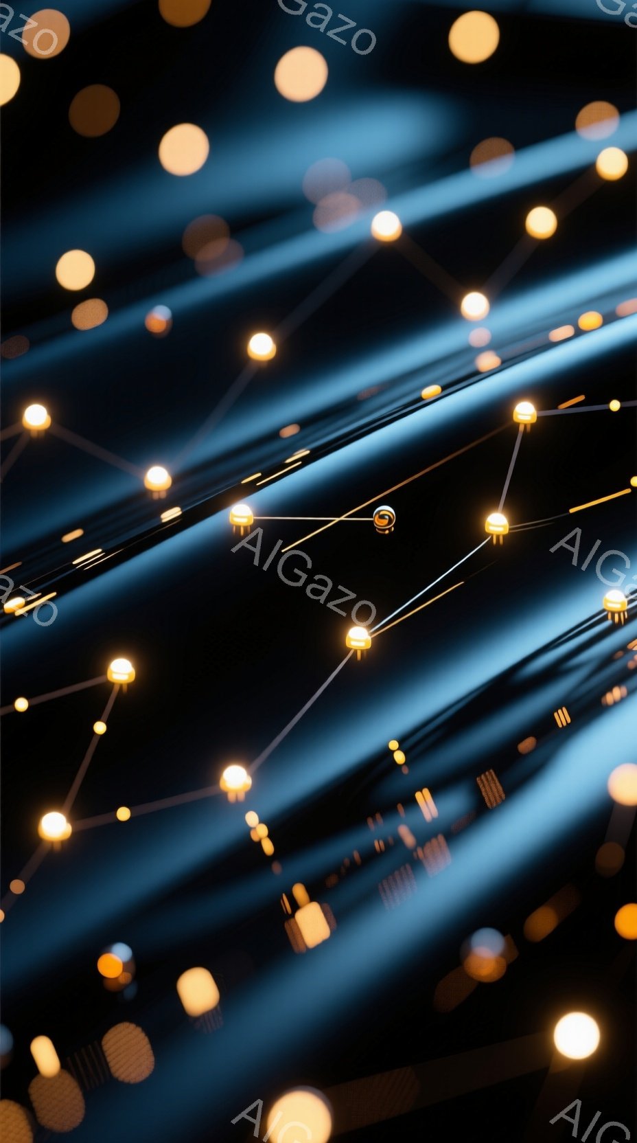 暗い背景に、点線のような光の線が斜めに交差しており、各交差点には小さなロボットのようなオブジェクトが配置されている。これらのオブジェクトは、シンプルな形状で、光を放ちながら、未来的な雰囲気を醸し出している。全体として、高速なデータストリームやネットワークを連想させる、抽象的で躍動感のあるイメージである。