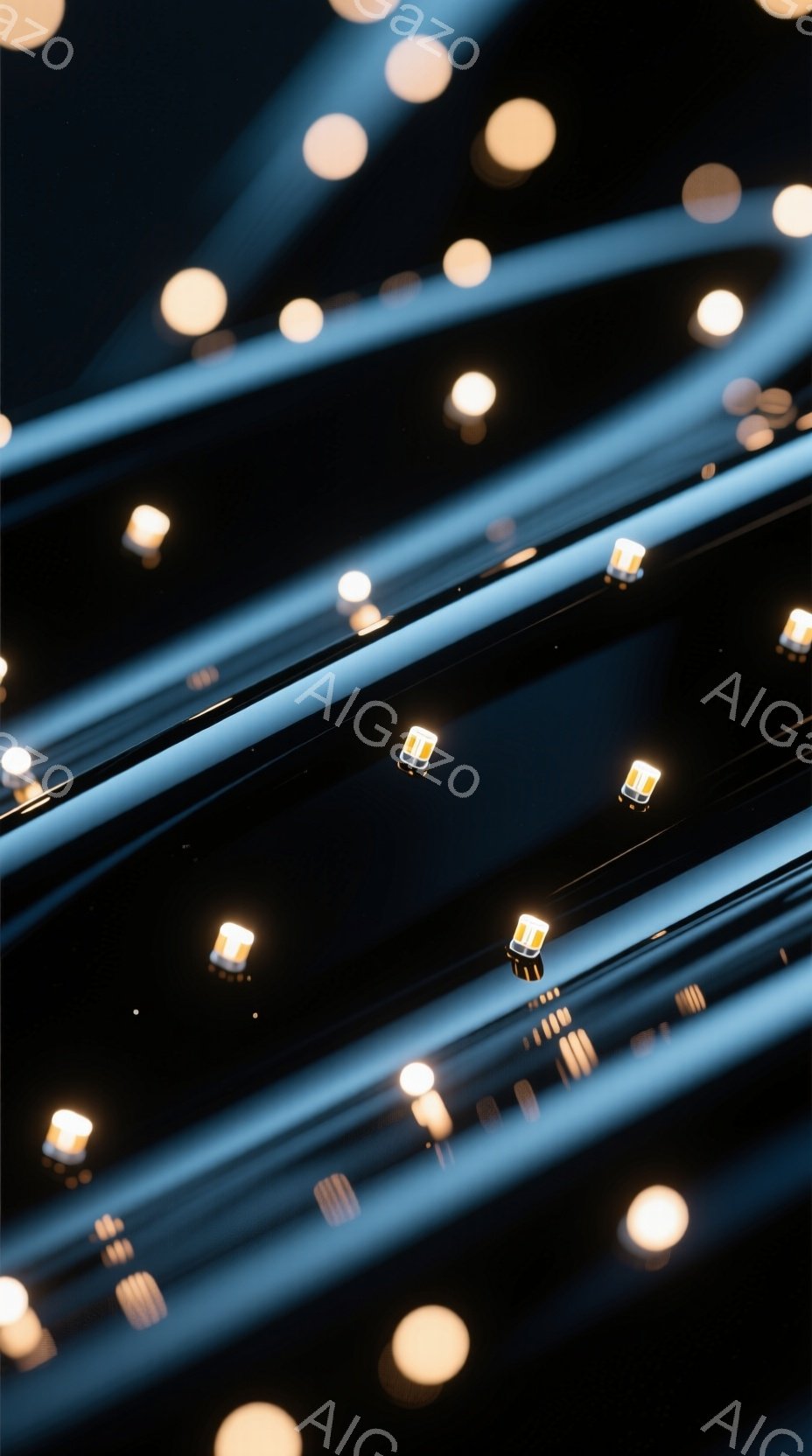 この画像は、暗闇の中を流れる光の線と、ぼやけた光点によって構成されています。光の線は斜めに走り、まるで高速道路の車列のように見えます。全体的に未来的な、あるいは速度感のある雰囲気を醸し出しています。