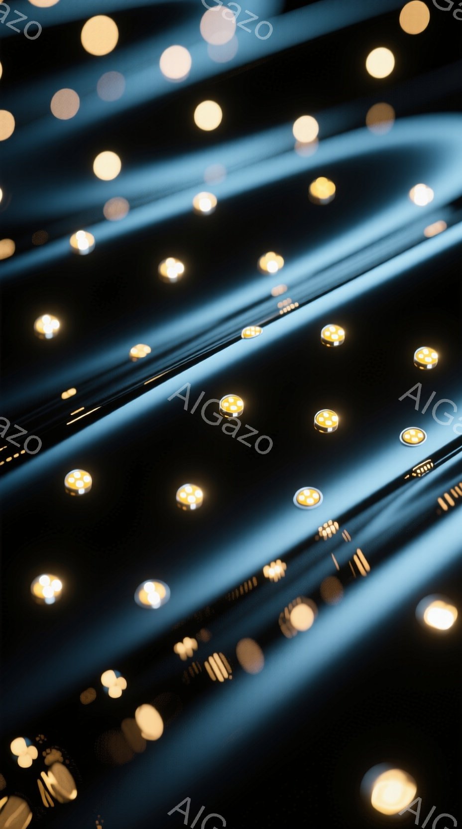 鮮やかなオレンジ色の光が、暗い背景の水平線上に並んでいるのが印象的な画像です。光はぼやけており、まるで無数の小さな太陽が並んでいるように見えます。全体的に未来的で、どこか神秘的な雰囲気を醸し出しています。