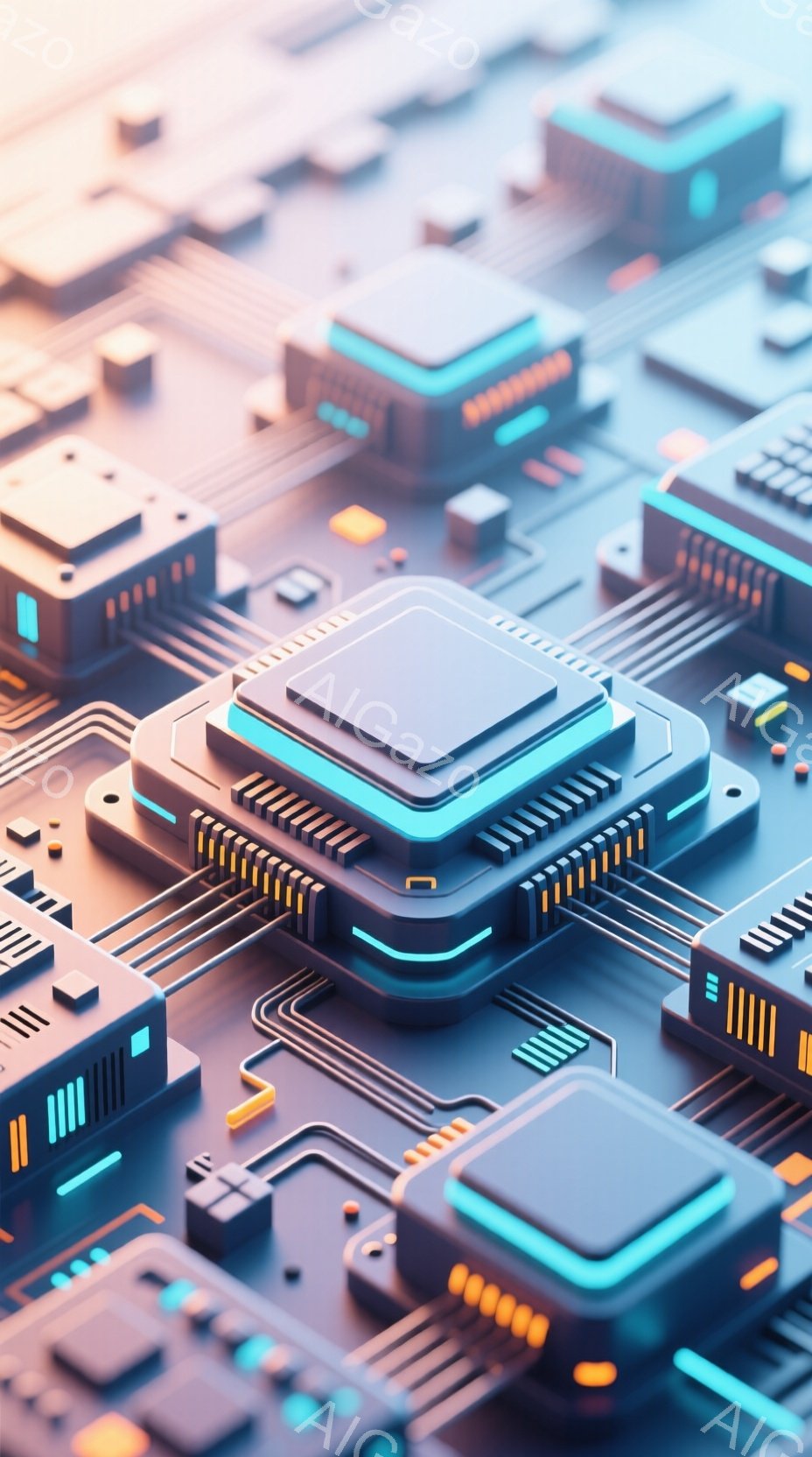 この画像は、未来的な電子回路のパターンを捉えたクローズアップです。青と黒を基調とした回路基板上に、発光するラインとチップが配置され、洗練された技術的な印象を与えます。全体的に冷たい色調と光沢のある質感で、高度なテクノロジーの世界観を表現しています。