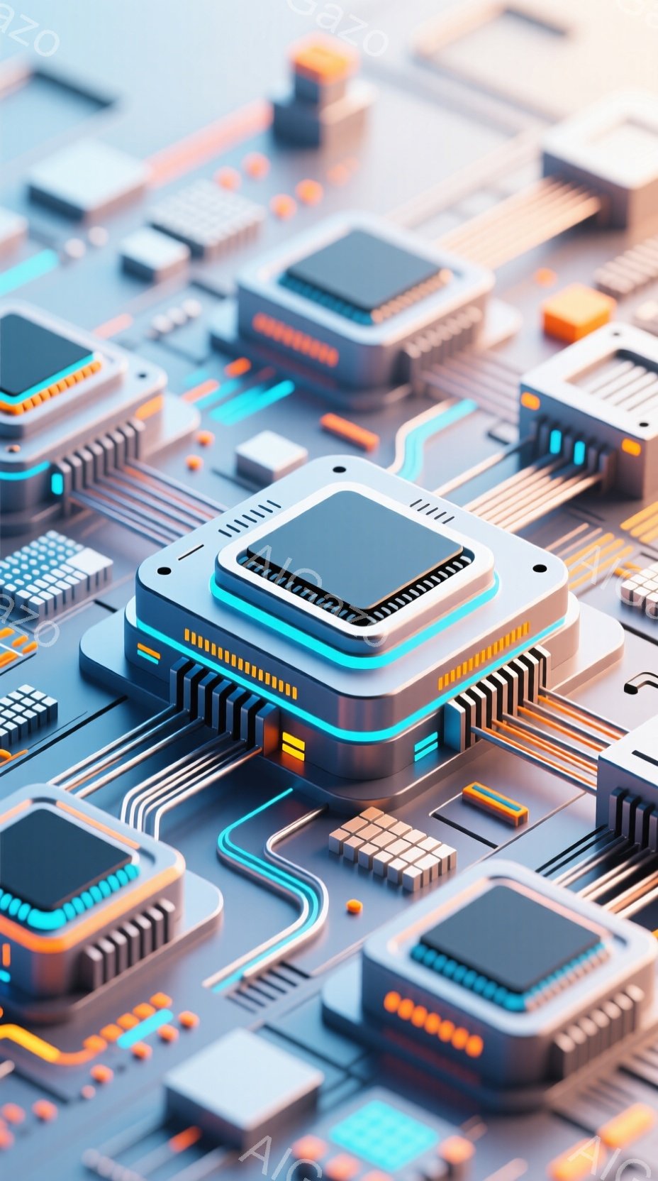 この画像は、未来的な電子回路基板をクローズアップしたものです。青い光が縁取られた黒いチップが密集し、オレンジ色のラインが複雑に絡み合って接続されています。全体的に、洗練された技術的な印象を与える、精密 - AI生成フリー素材