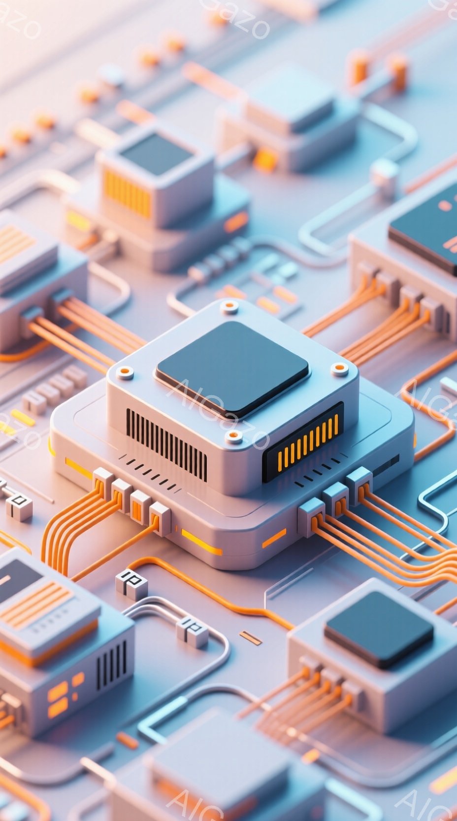 この画像は、電子回路を想起させる幾何学的な構成で、中央にCPUチップが配置されたクローズアップ写真です。チップは銀色と黒色で、オレンジ色の配線が複雑に繋がっており、未来的な印象を与えます。背景は同様のチップや配線で埋め尽くされ、無限に広がる電子世界の雰囲気を醸し出しています。