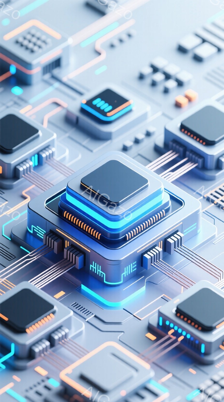 この画像は、青とグレーを基調とした電子回路基板をクローズアップしたものです。基板上には、様々な電子部品が配置されており、特に中央には発光する青い光で囲まれた大型のチップが配置されています。全体的に未来的な雰囲気で、技術的な精密さを強調しています。