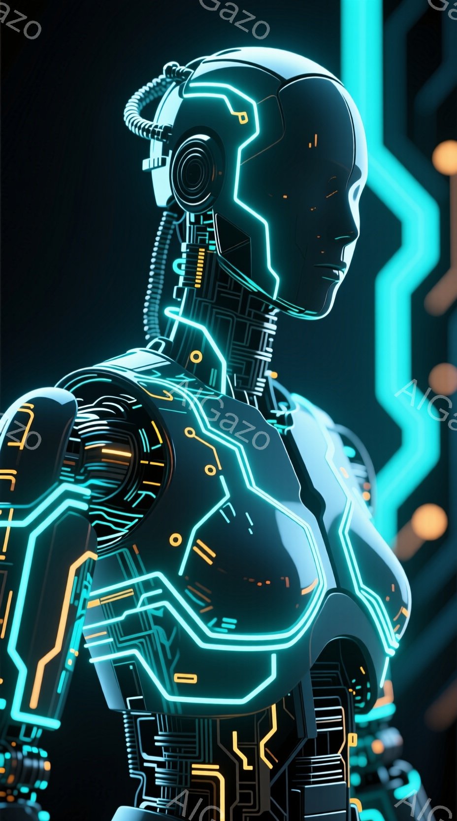 この画像は、未来的なデザインのサイバーパンク風の女性の胸像です。彼女の体は黒色の滑らかな表面で構成され、明るい青とオレンジのネオンライトで構成された複雑な回路パターンが刻まれています。背景は暗く、同じ - AI生成フリー素材