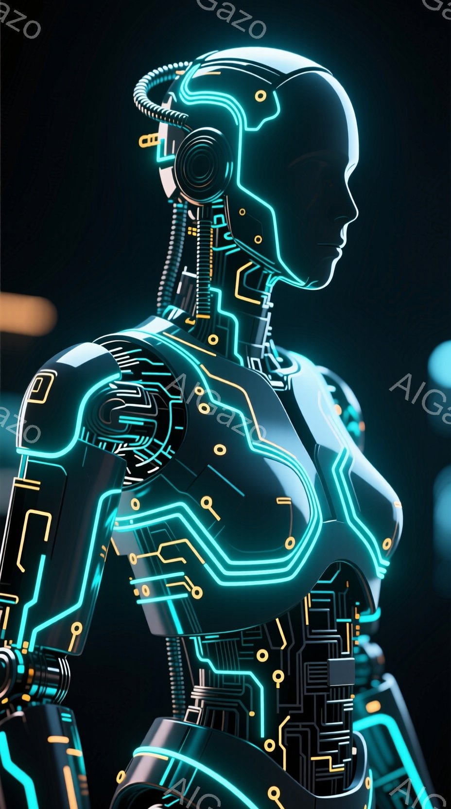 この画像は、青色の発光する回路で構成された女性のシルエットを描いています。彼女は未来的なデザインのヘッドセットを装着し、身体全体が複雑な回路パターンで覆われています。暗い背景がシルエットを際立たせ、サイバーパンクでテクノロジー感あふれる雰囲気を醸し出しています。