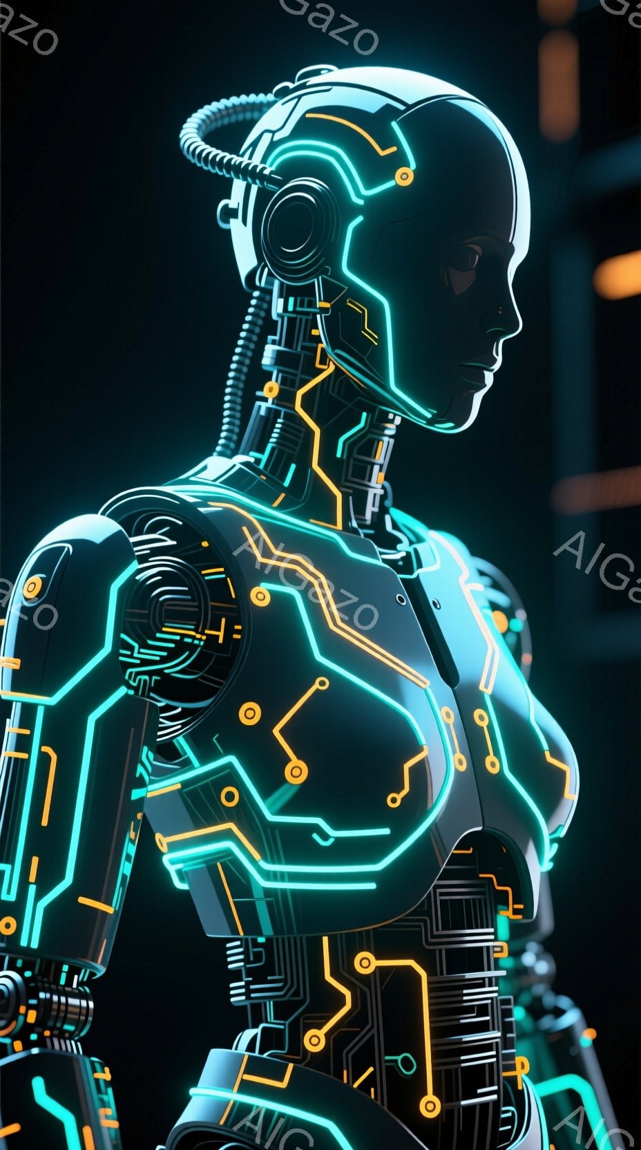 この画像は、未来的なサイバーパンク風の女性ロボットを描いています。彼女の体は光る青とオレンジのラインで構成された複雑な回路で覆われ、まるで内部構造が可視化されたかのような印象を与えます。ポーズは横向きで、未来的な技術と人体構造の融合を強調し、クールで神秘的な雰囲気を醸し出しています。