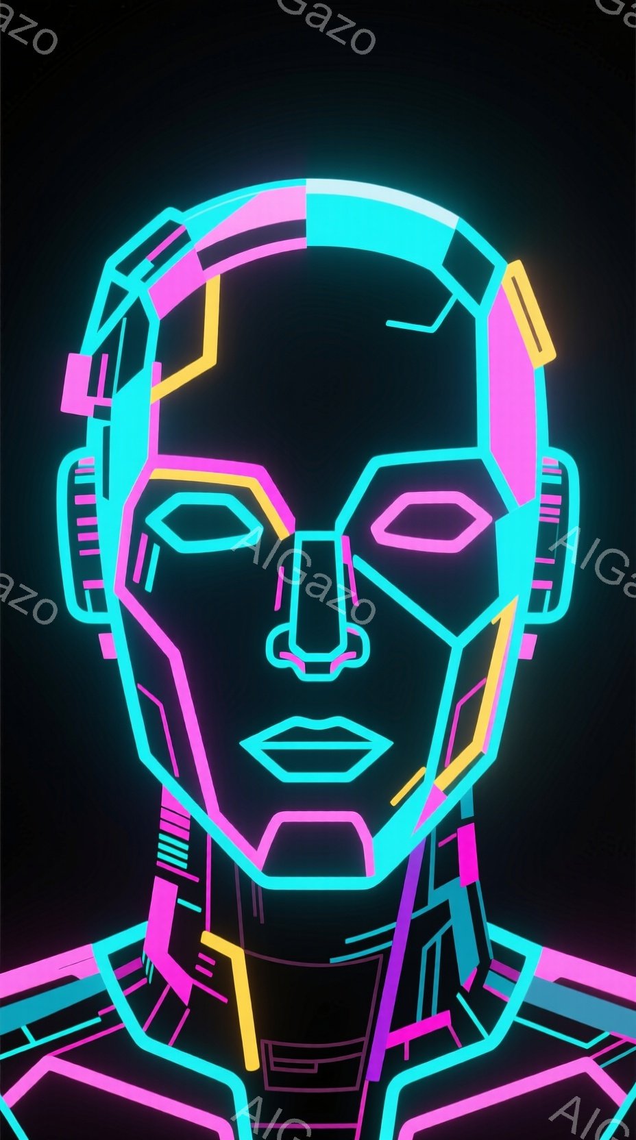 この画像は、ネオンカラーで描かれた人物の顔のクローズアップです。顔の輪郭、目、鼻、唇は、光る線で構成された幾何学的な形によって表現されています。黒色の背景に鮮やかなピンク、青、黄色が際立ち、未来的な雰囲気を醸し出しています。