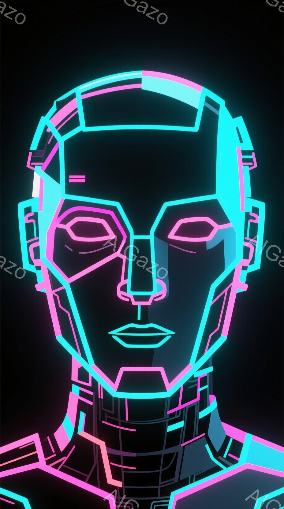 この画像は、鮮やかなネオンライトで描かれた人物の顔のクローズアップです。顔は幾何学的な線と角で構成され、サイバーパンクまたは未来的なロボットのような印象を与えます。背景は真っ黒で、顔の輝きを強調し、全 - AI生成フリー素材