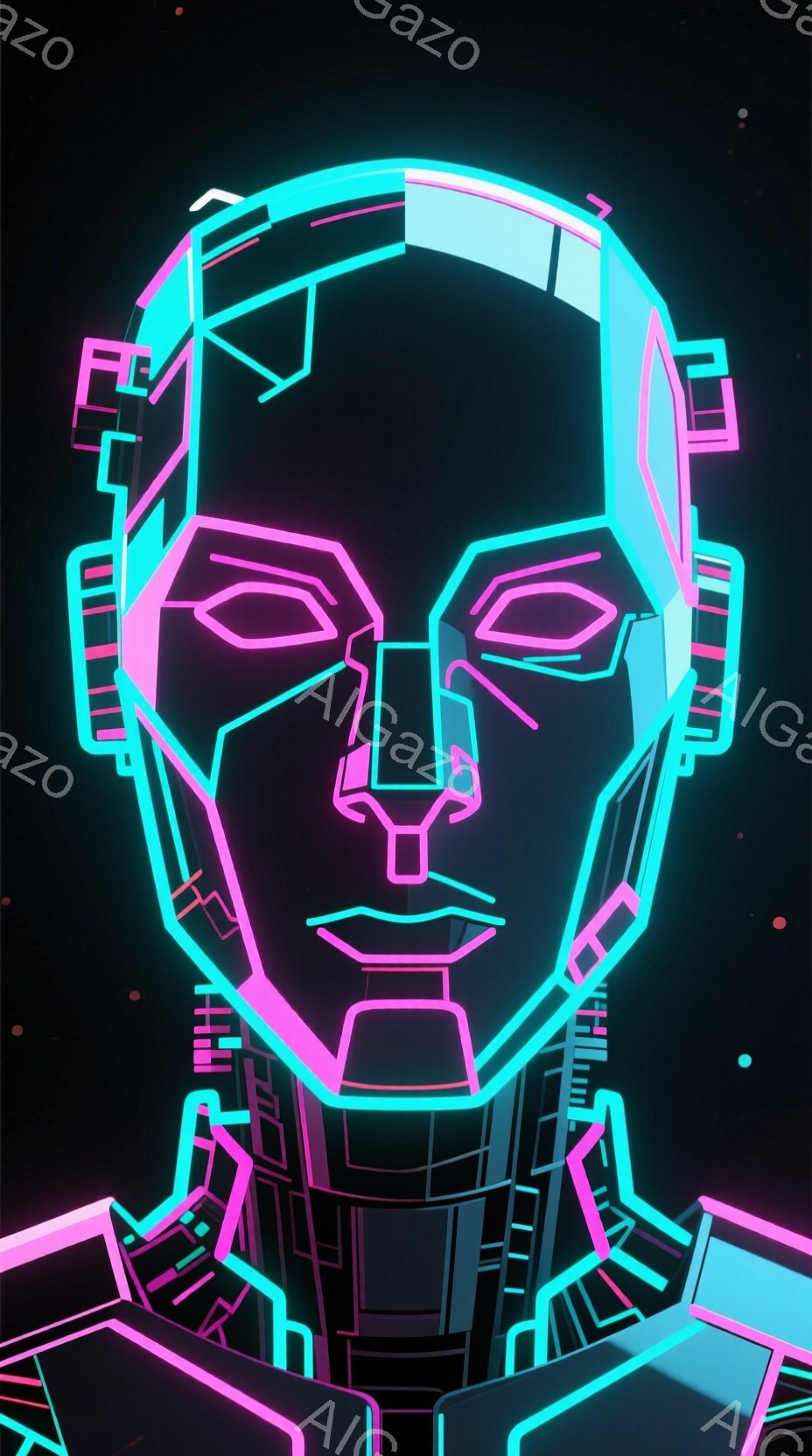 この画像は、ネオンライトで描かれた顔のポートレイトで、未来的なサイバーパンクの雰囲気を醸し出しています。顔は線と光で構成され、幾何学的な形状が特徴的で、髪型や服装は存在せず、顔そのものが光る彫刻のよう - AI生成フリー素材