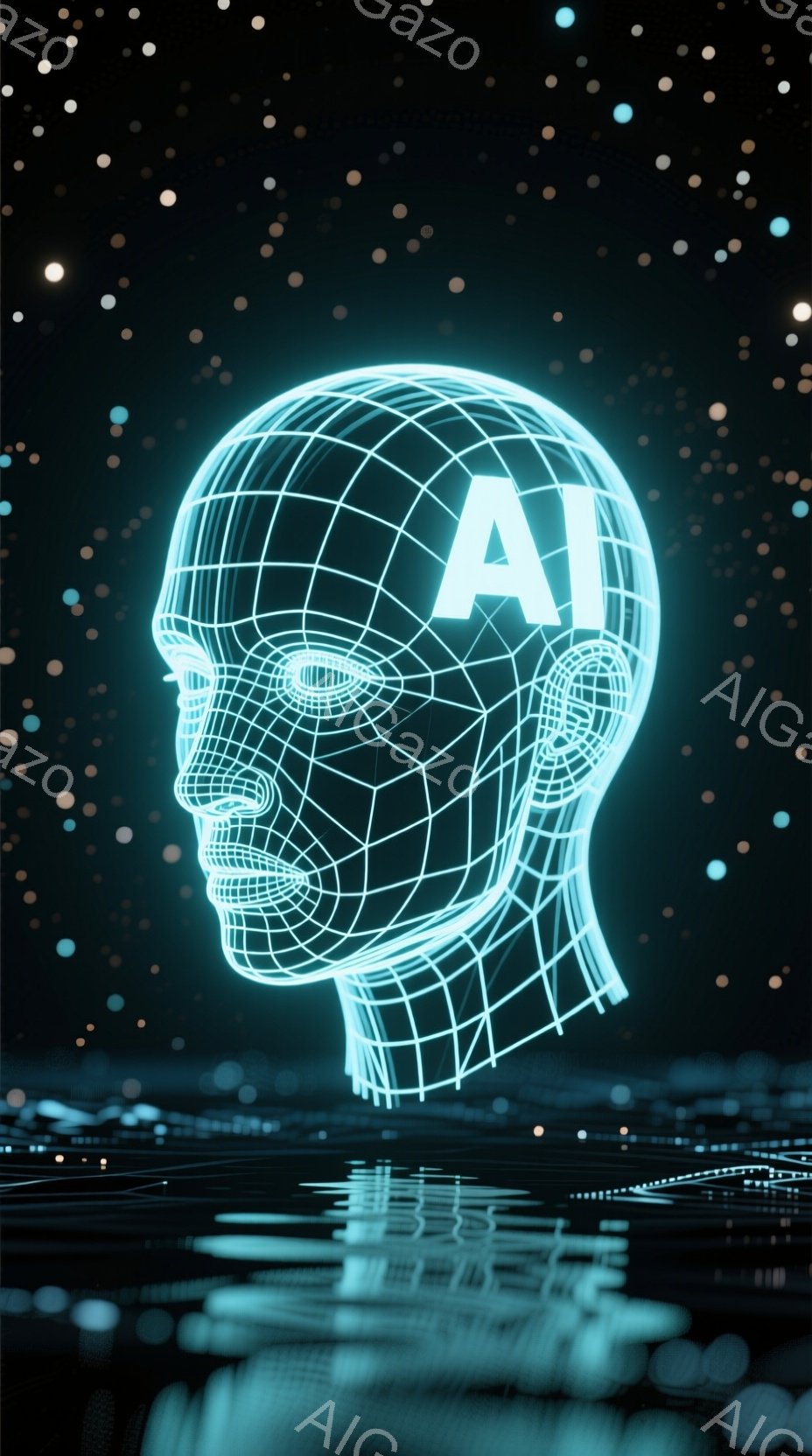 鮮やかな青色の光で構成された人間の頭部のワイヤーフレームが、暗い背景に浮かび上がっています。頭部の上部には「AI」という文字が配置され、背景には細かい粒子状の光が散りばめられています。全体的に未来的な - AI生成フリー素材