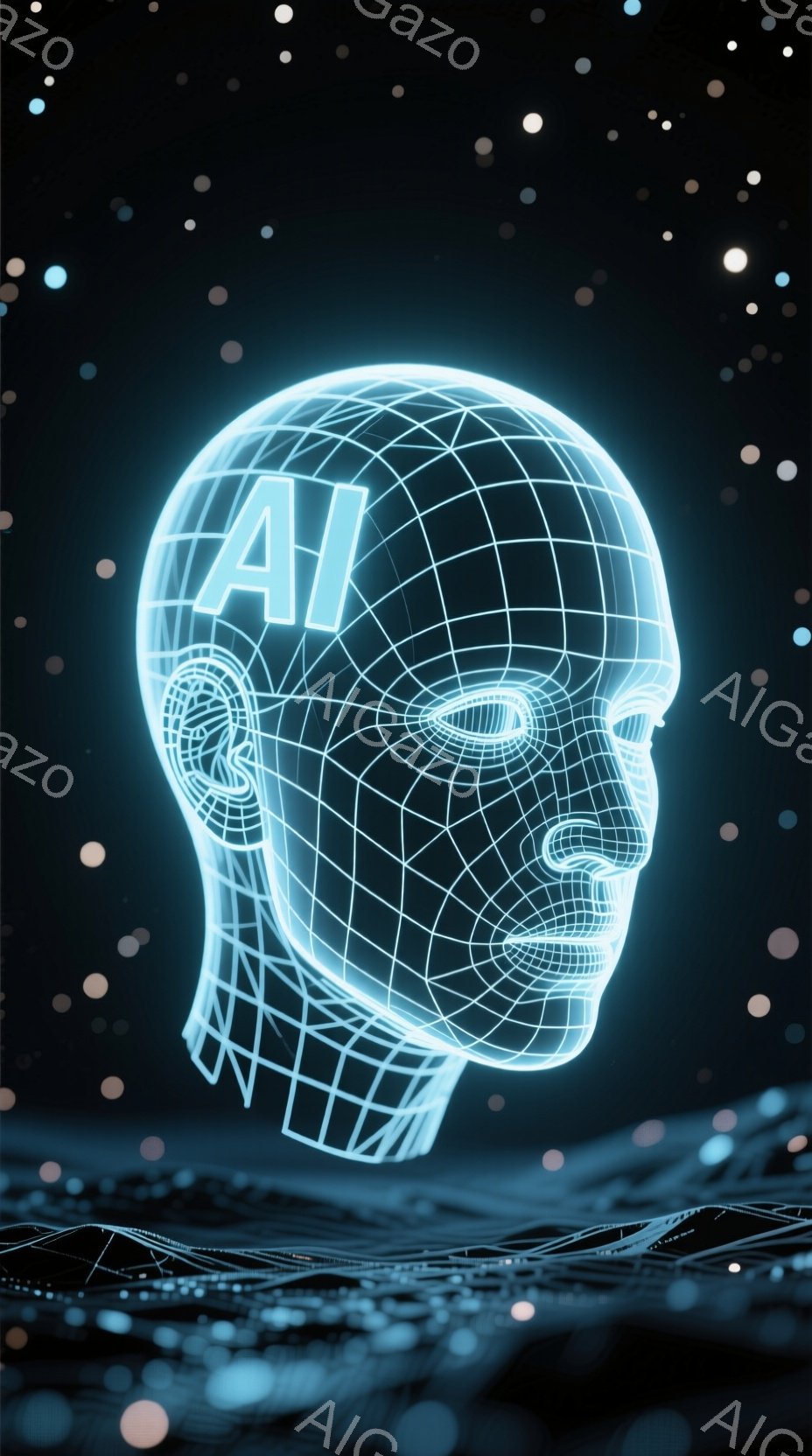 この画像は、青色の光で輝く、ワイヤーフレームで構成された人間の頭部を描写しています。頭部は正面を向き、表情はなく、未来的な印象を与えます。背景には、ぼやけた青色の光のラインと小さな光点が散りばめられ、 - AI生成フリー素材