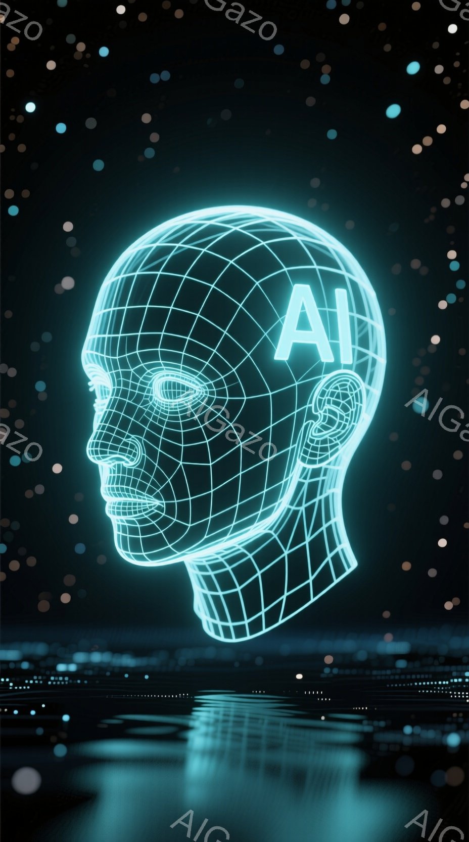鮮やかなターコイズブルーの光を放つ、ワイヤーフレームで構成された人間の頭部が描かれている。頭部の上部には「AI」の文字が浮かび、未来的なデジタル世界を象徴している。背景は暗く、水面に反射する光と、小さ - AI生成フリー素材