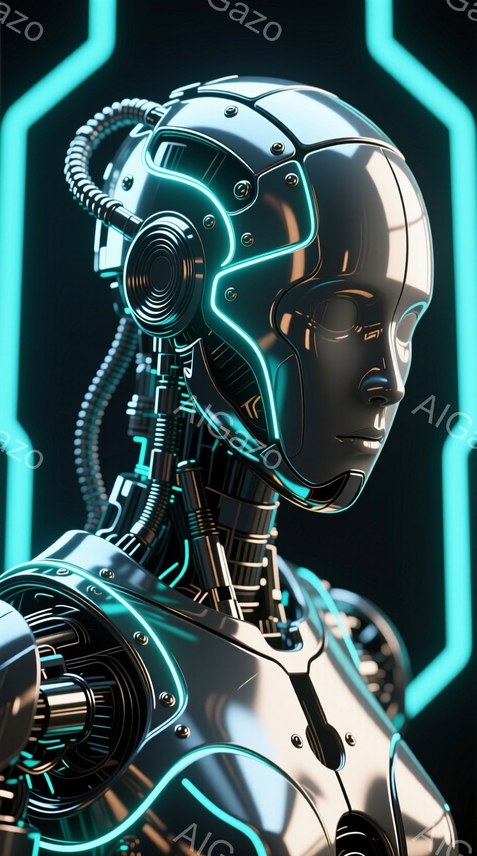 この画像は、未来的なロボットの胸から上部のクローズアップです。滑らかな金属製のボディは複雑な内部構造を垣間見せ、首の後ろにはケーブルが絡み合っています。背景は暗く、ネオンブルーの幾何学模様が光り、近未 - AI生成フリー素材