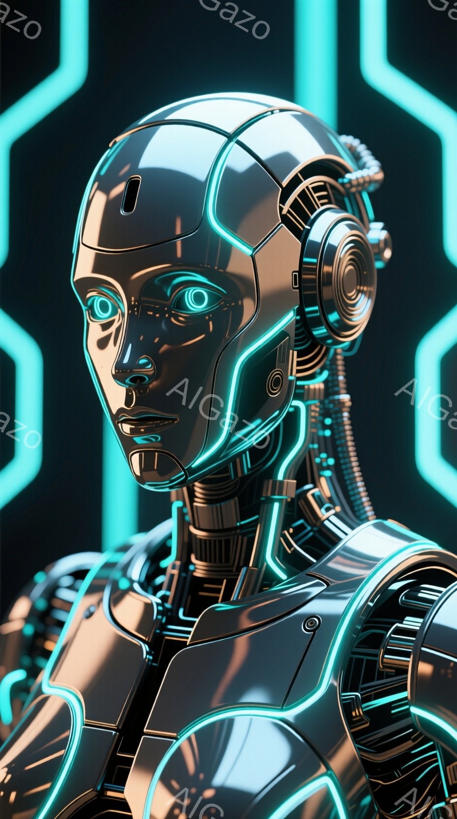 金属製の未来的な女性ロボットが描かれています。頭部と肩部は滑らかな曲線と青い発光ラインで構成され、精密なメカニカル構造が露わになっています。背景には暗い空間に青い発光する幾何学模様が配置され、サイバー - AI生成フリー素材