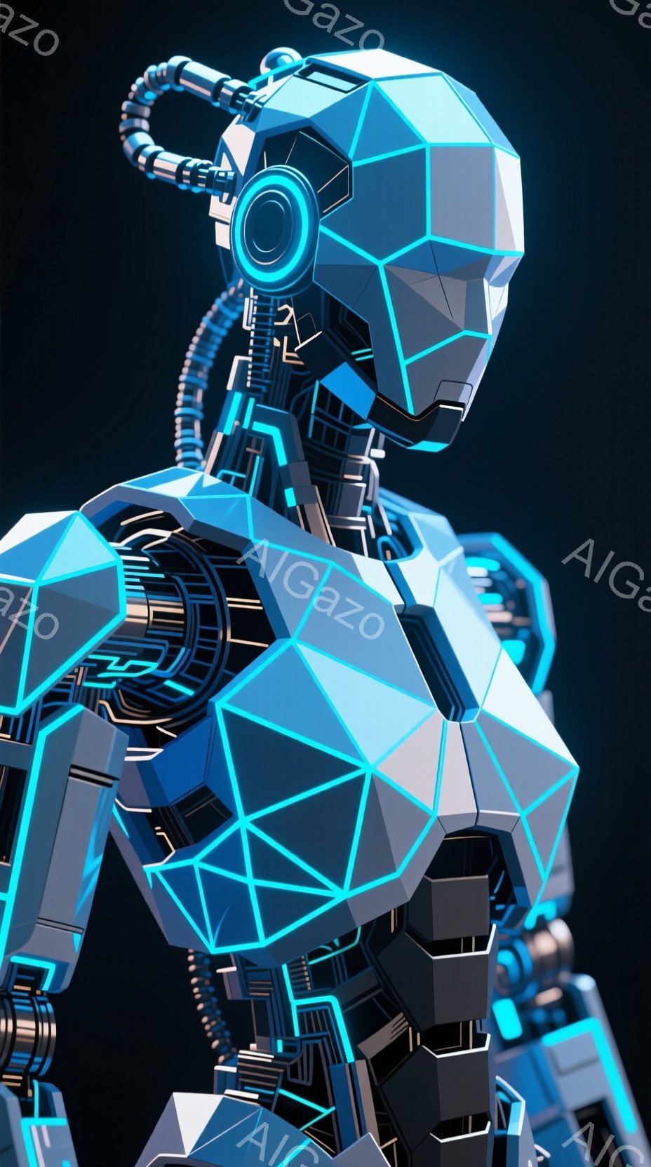 この画像は、未来的なロボットの胸から肩にかけての部分を捉えたものです。ロボットは多角形のデザインで構成され、明るい青色の光が回路のようなラインを強調しています。黒い背景がロボットの未来的なデザインを際立たせており、テクノロジーと機械の冷たい雰囲気を醸し出しています。