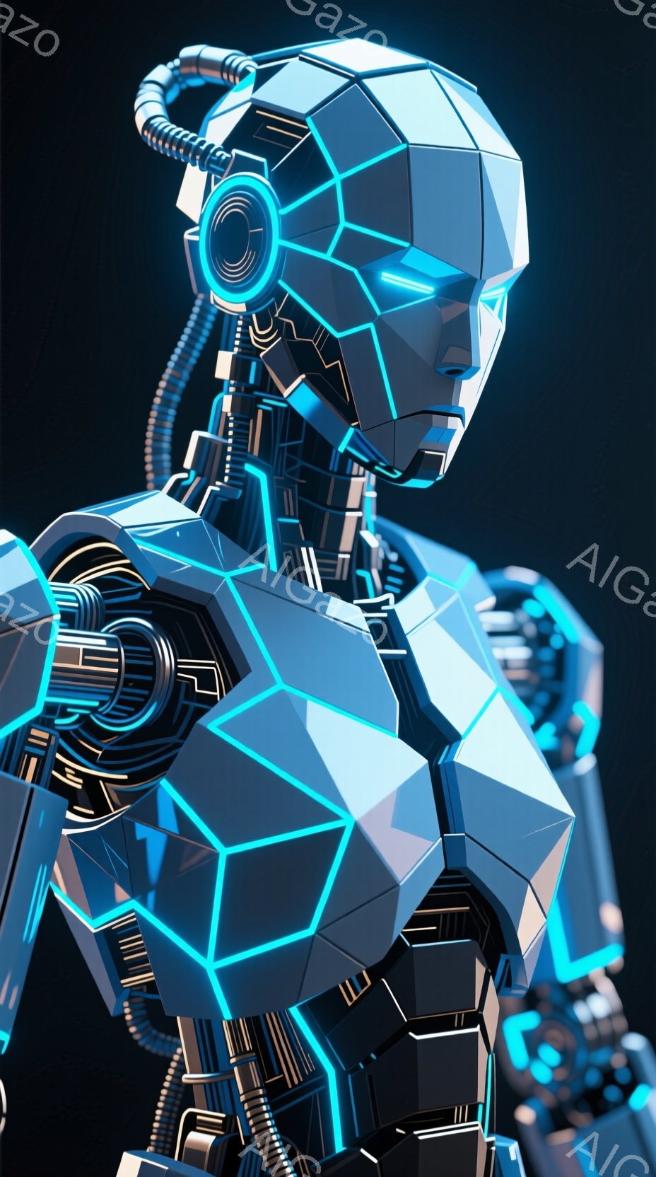 この画像は、未来的なロボットの胸から上部を描写しており、幾何学的なポリゴンで構成された装甲が特徴的です。鮮やかな青色の発光線が、ロボットの輪郭や関節を強調し、メカニカルな構造を際立たせています。背景は暗く、ロボットが光を放ち、近未来的な雰囲気を醸し出しています。