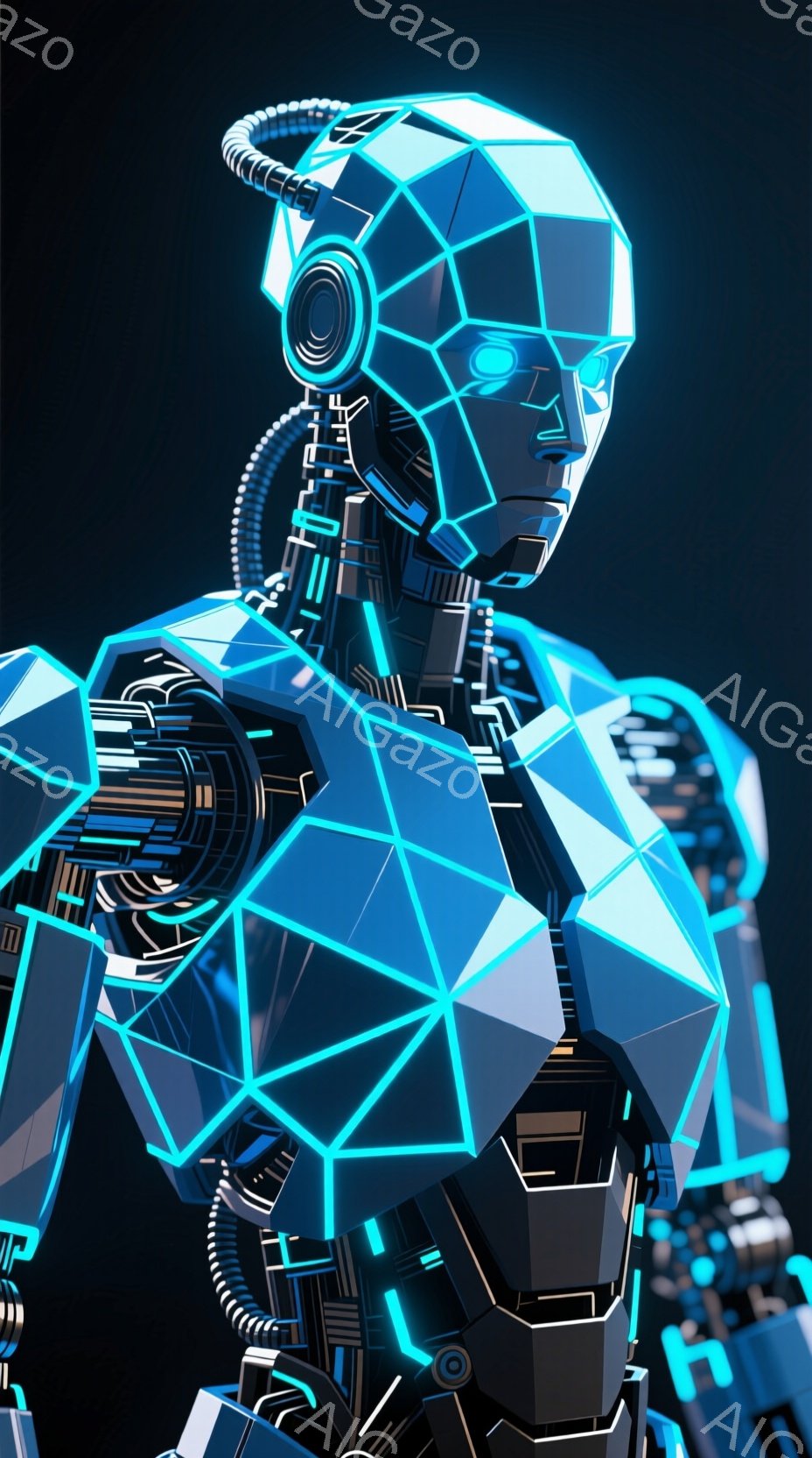 この画像は、未来的なサイバーパンク風のロボットの胸像です。ロボットは青色の発光する線で構成された幾何学的な構造を持ち、複雑な機械的なディテールが強調されています。背景は暗く、機械的な要素がぼんやりと見え、全体的に近未来的な雰囲気と、高度な技術と冷たい無機質さを感じさせます。