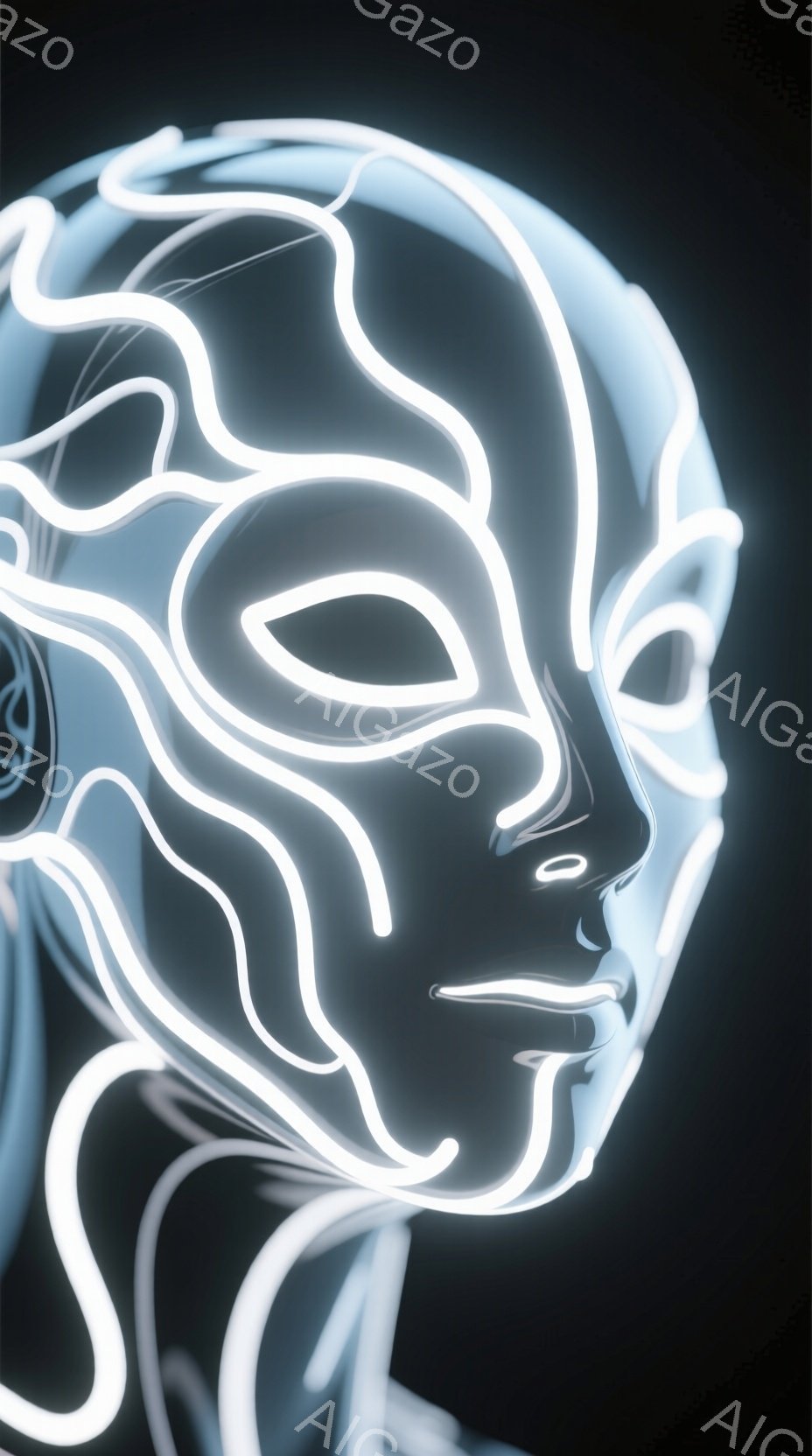 暗い背景に、光る白い線で構成されたルチャリブレのマスクが浮かび上がっています。マスクは顔の輪郭、目、鼻、口を強調し、ダイナミックでエネルギッシュな印象を与えます。線は曲線的で流れるようで、動きと躍動感を表現しています。