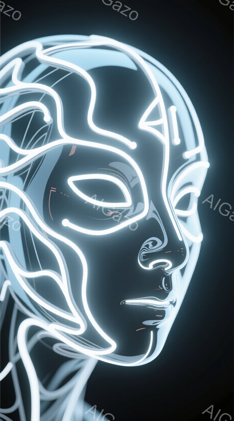 この画像は、ネオンライトで描かれた女性の顔のポートレートです。髪の毛や顔の輪郭が白く輝く線で表現され、未来的な印象を与えます。背景は暗闇で、女性の顔が際立って見え、どこか神秘的でクールな雰囲気を醸し出しています。