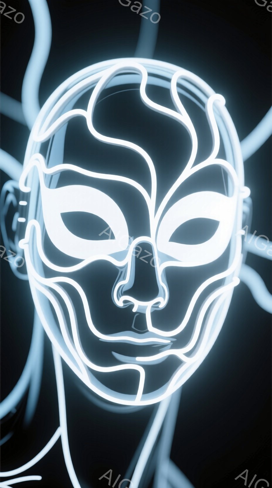 暗い背景に、光る白い線で描かれた顔のシルエットが浮かび上がっています。顔はまるでネオンサインのように輝き、目、鼻、口が強調されています。全体的に未来的な雰囲気で、どこか神秘的な印象を与えます。 - AI生成フリー素材