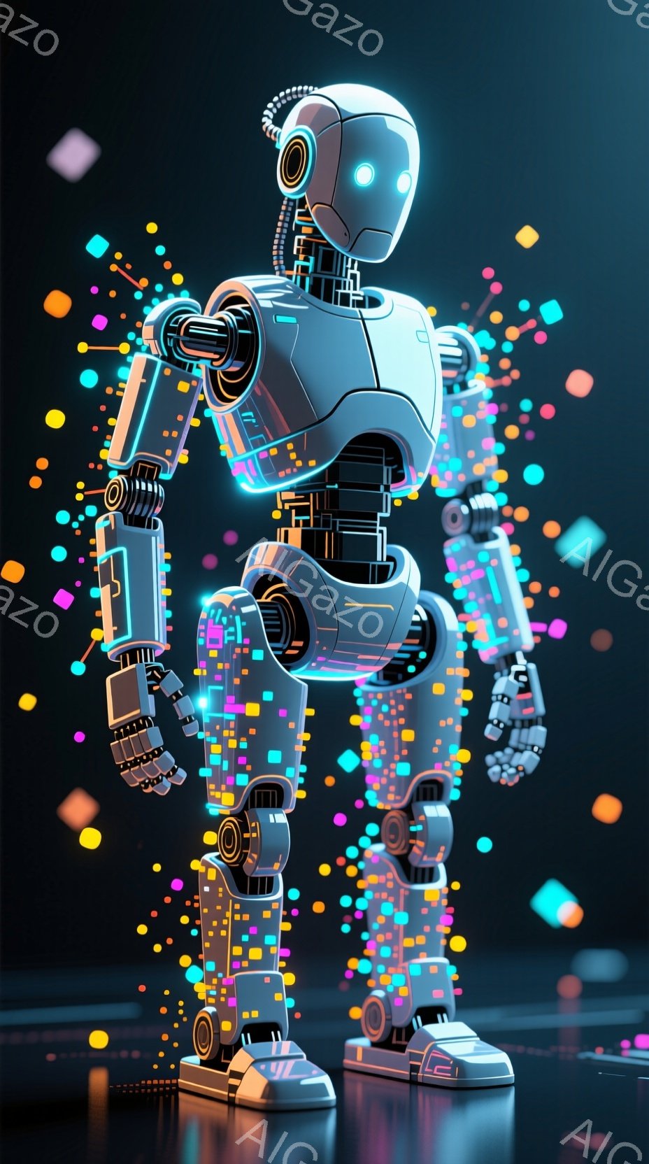 この画像は、未来的なロボットの全身像を描いています。ロボットは、明るい光を放つ複雑な配線とメカニカルな構造を持つ、洗練された銀色のボディをしています。背景は暗く、カラフルな光の粒子が散りばめられており、まるでデジタル空間にいるかのような印象を与えます。